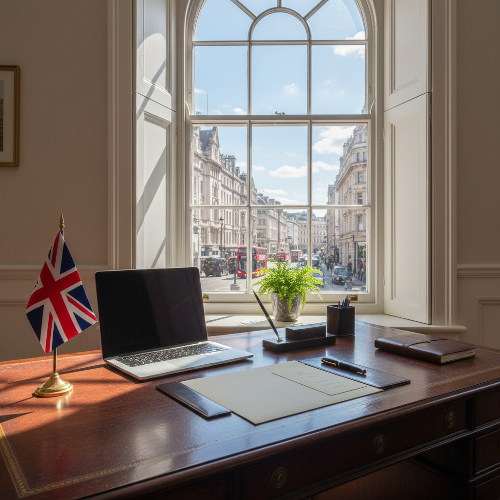 A professional wooden desk with a British flag miniature, a modern laptop, and high-end office stationery in a bright, sunlit room overlooking a London street.