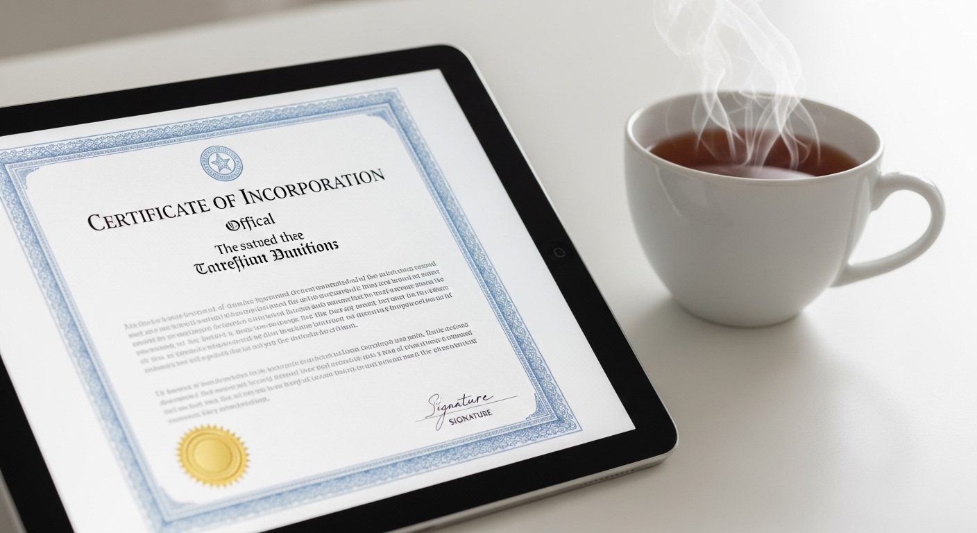 A close-up of a digital tablet screen showing a 'Certificate of Incorporation' document next to a steaming cup of Earl Grey tea on a minimalist white desk.