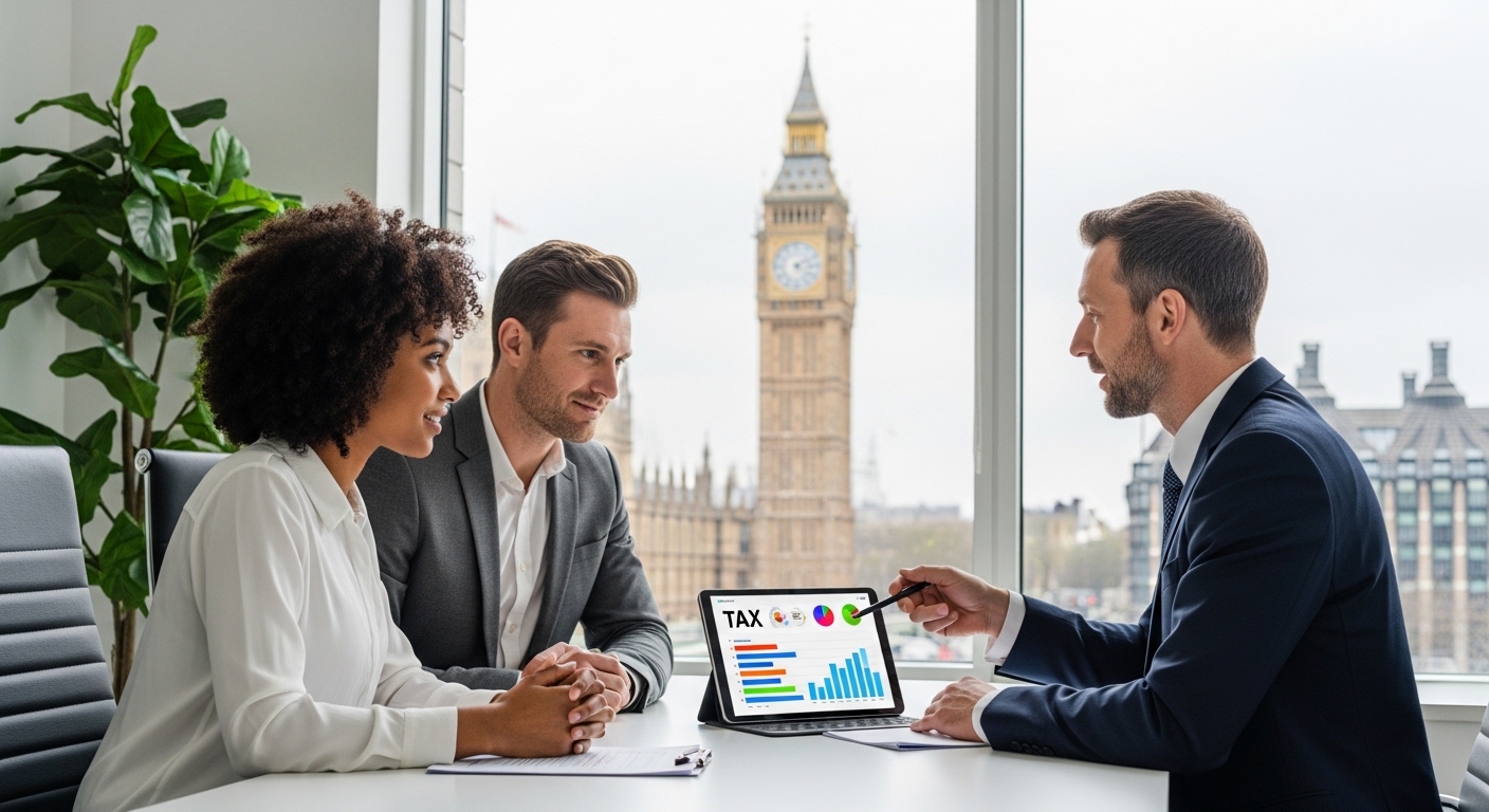 A professional financial advisor sitting across from an expat couple in a modern London office, with a digital tablet showing tax charts and the Big Ben visible through the window.