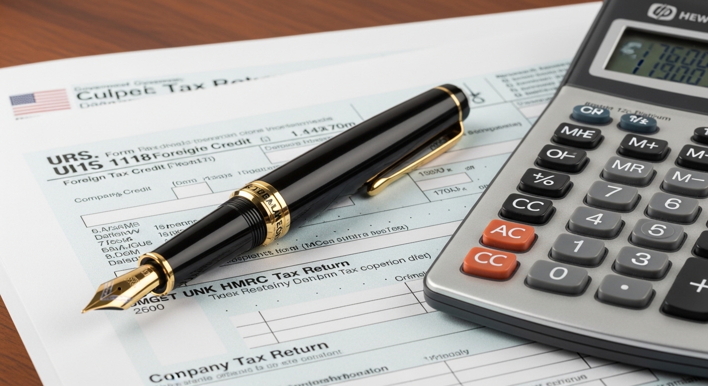 A high-quality close-up of a fountain pen resting on complex tax forms and a calculator, symbolizing precision in international financial planning.