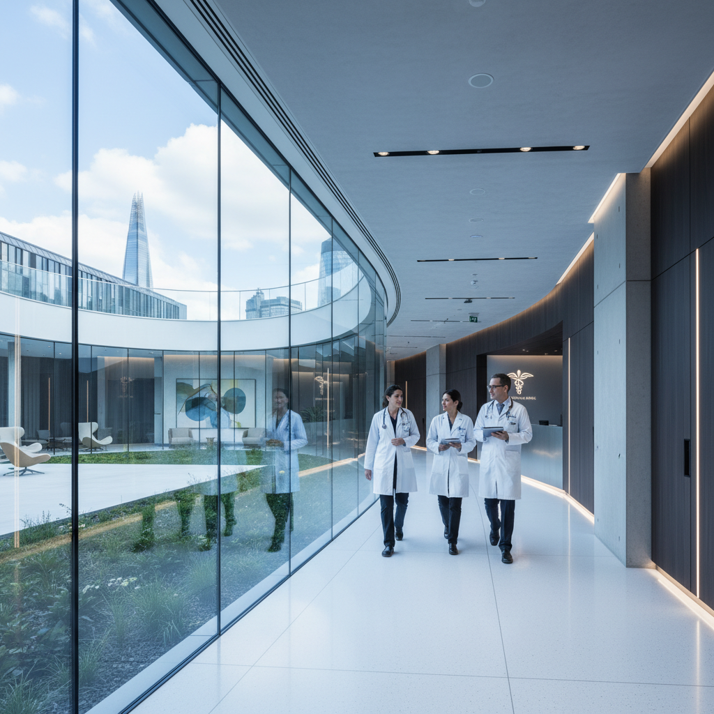 A wide-angle shot of a modern, high-end private medical facility in London with professional doctors in white coats walking through a bright, glass-walled corridor.