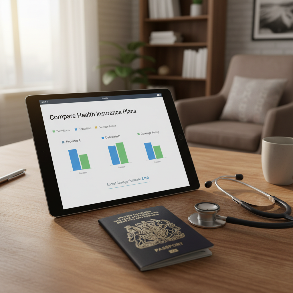 A close-up of a digital tablet showing a health insurance comparison app, with a British passport and a stethoscope lying on a wooden desk in a cozy home office setting.