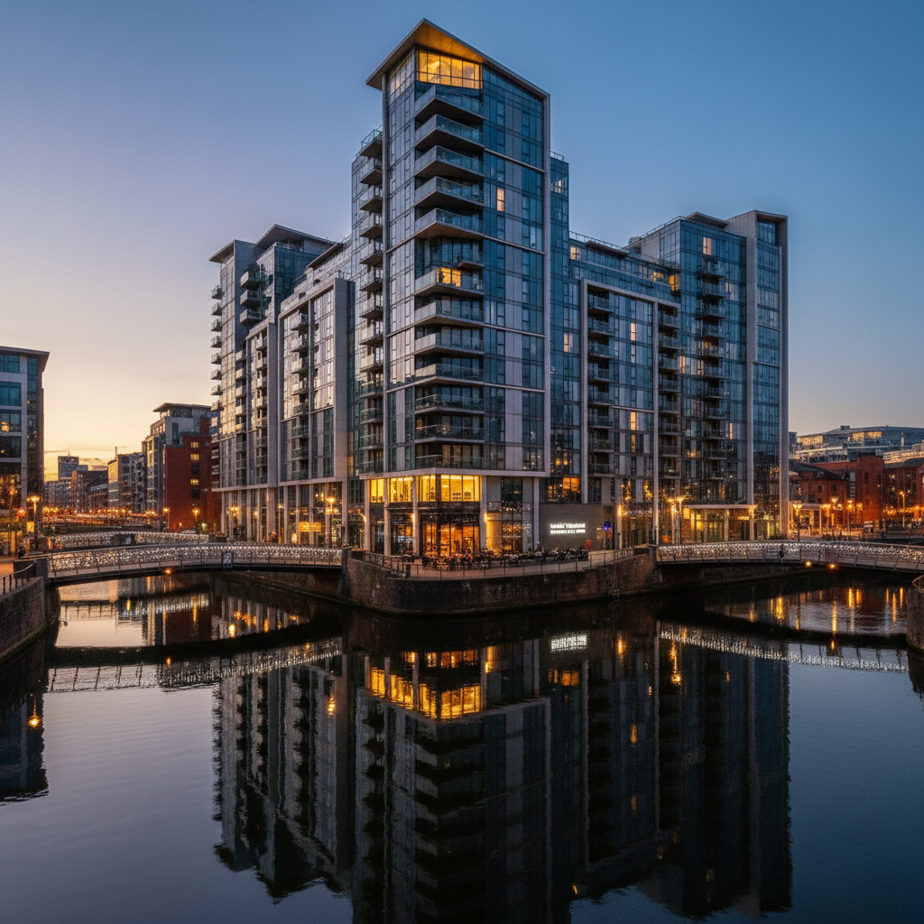 A modern luxury apartment building in Manchester overlooking a canal at dusk, reflecting city lights, symbolizing urban real estate investment.