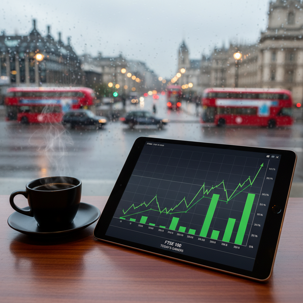 A close-up of a digital tablet showing a stock market graph with green upward trends, placed on a mahogany desk with a cup of coffee and a view of a rainy London street in the background.