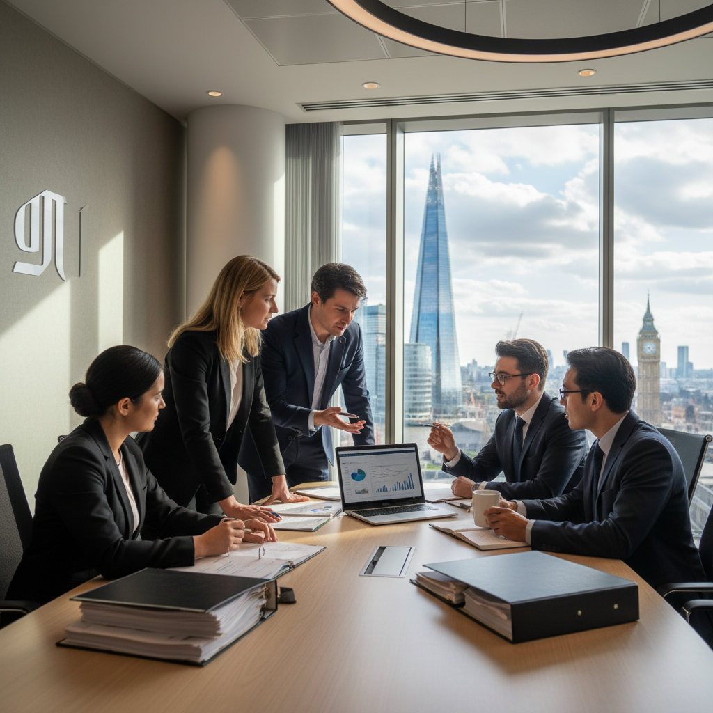 A professional legal office setting in London with a view of the Shard in the background, featuring a diverse group of lawyers discussing a case over documents and a laptop.