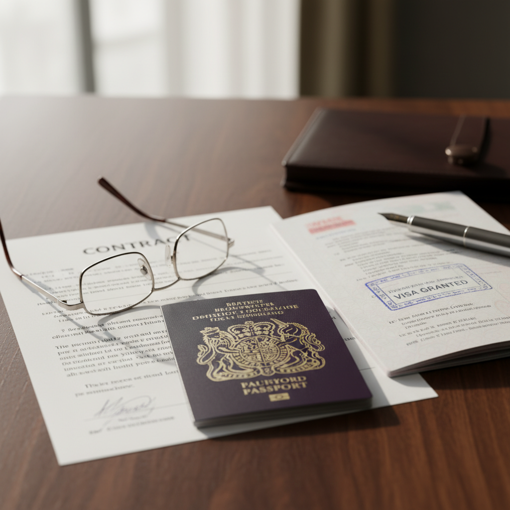 A close-up of a legal contract and a British passport resting on a wooden desk, with a pair of spectacles and a pen nearby, symbolizing a successful visa application.