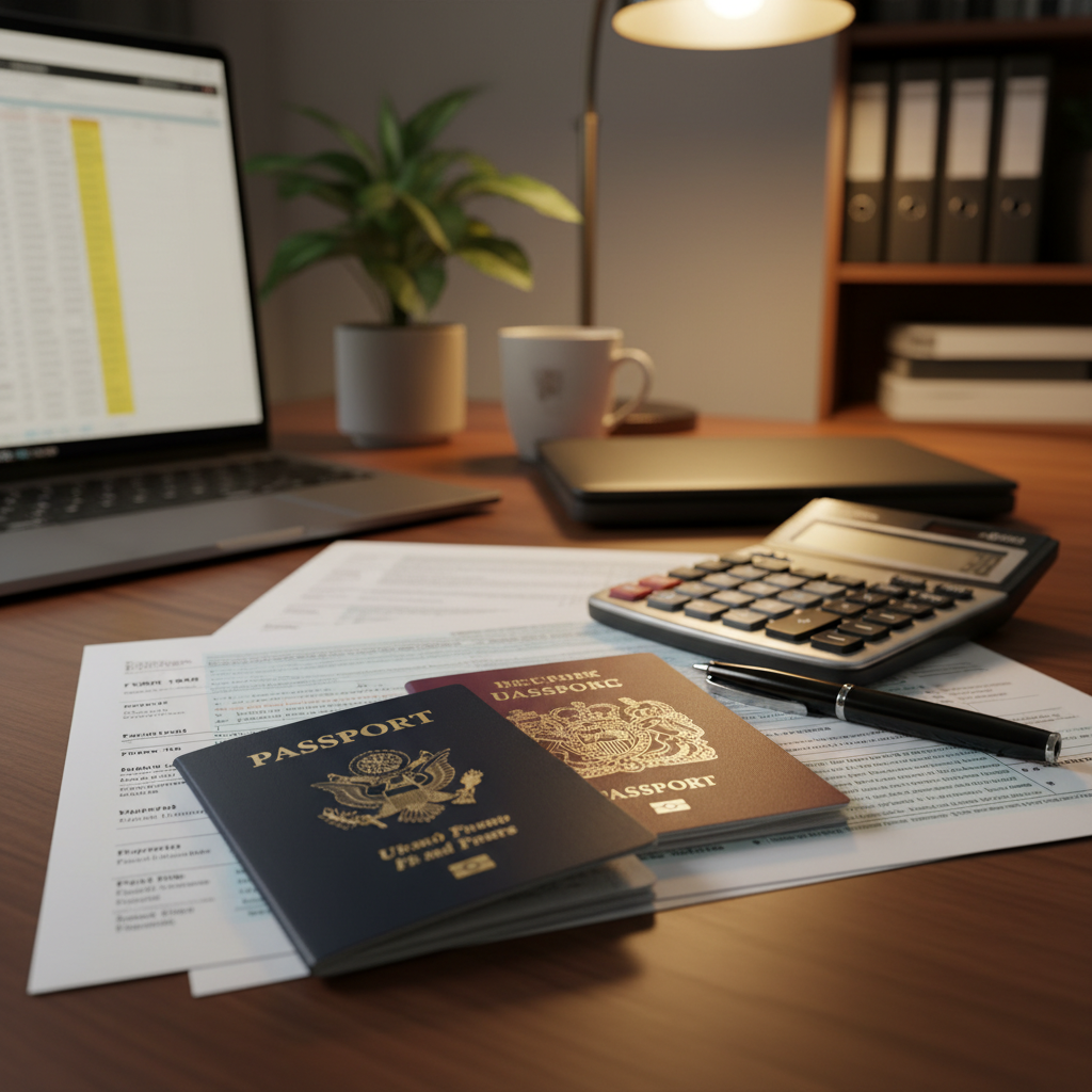 A professional desk setting with a US passport and a UK passport lying next to a calculator and various tax forms, warm office lighting, shallow depth of field