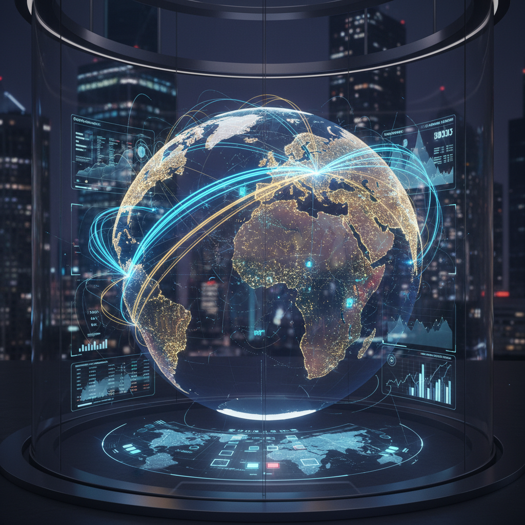 A digital visualization of global financial connections, showing glowing lines between Washington D.C. and London, sleek and modern aesthetic