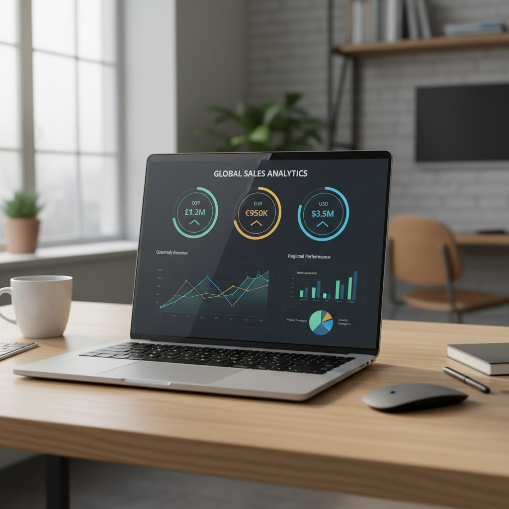 A sleek, modern digital dashboard on a laptop screen displaying global sales analytics with multiple currency symbols like GBP, EUR, and USD, set in a bright home office environment.