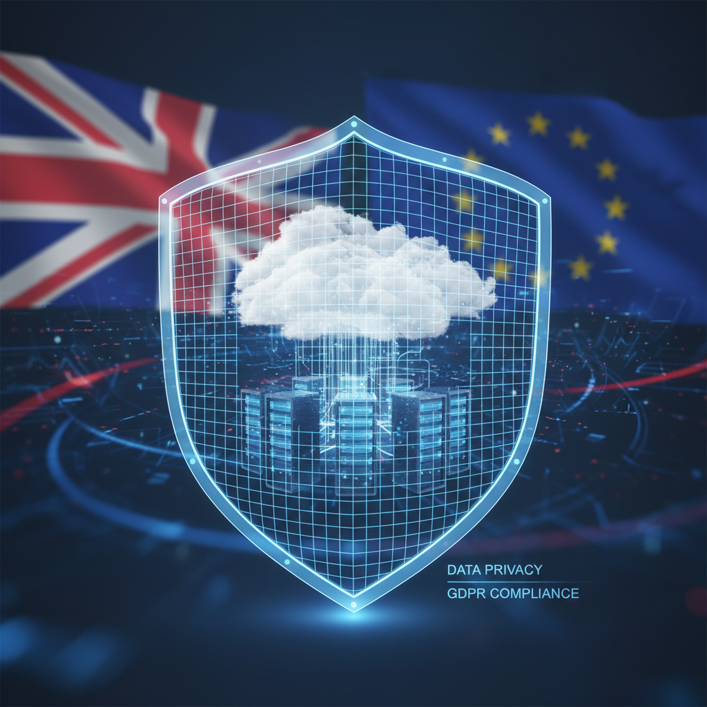 A conceptual 3D illustration of a digital shield protecting a cloud network, with British and European Union flags subtly integrated into the background to represent data privacy and GDPR compliance.