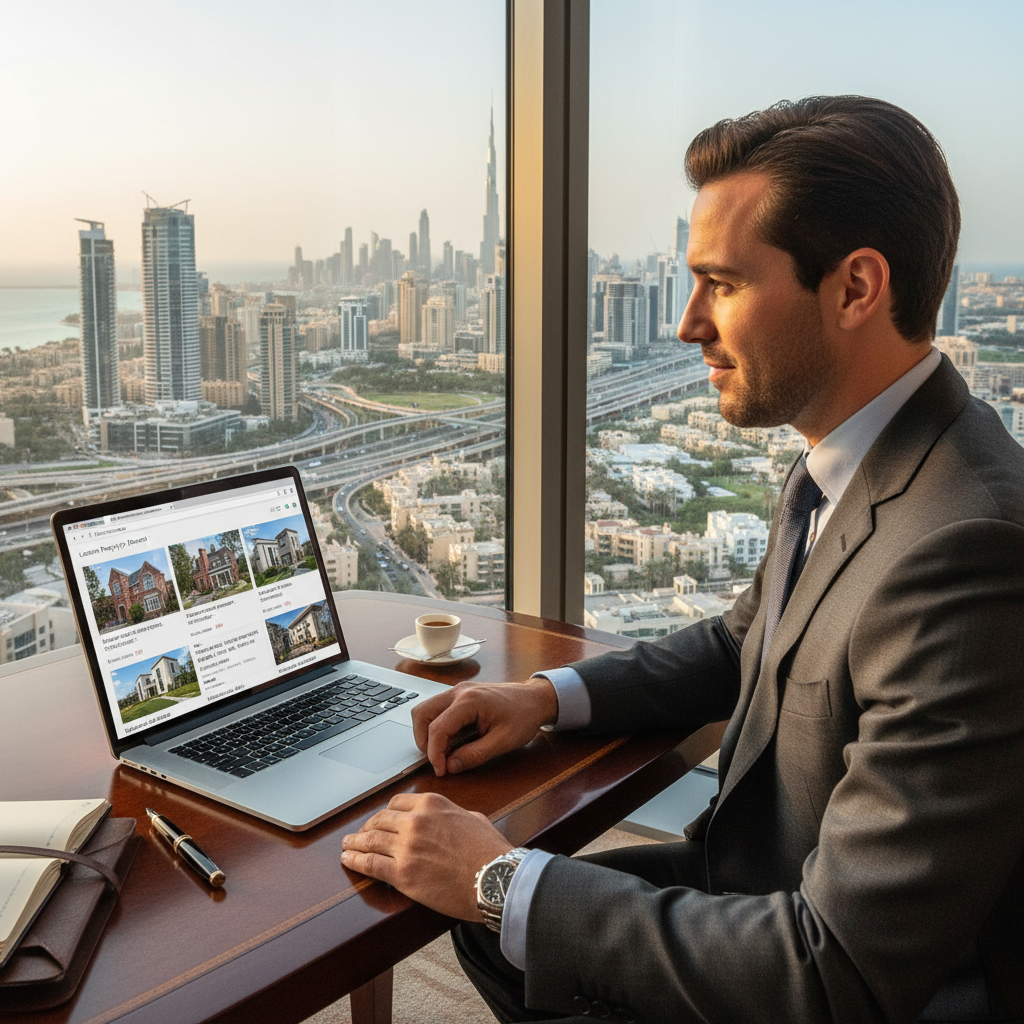 A professional-looking man in a suit looking at a laptop screen showing UK property listings, with a cityscape of Dubai or Singapore visible through the window behind him, representing a successful expat.