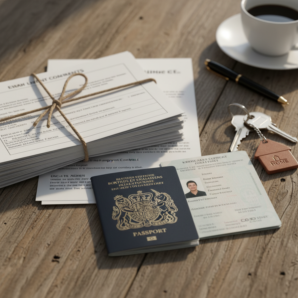 A collection of legal documents, a British passport, and a set of house keys resting on a rustic wooden table, symbolizing the preparation needed for a mortgage application.