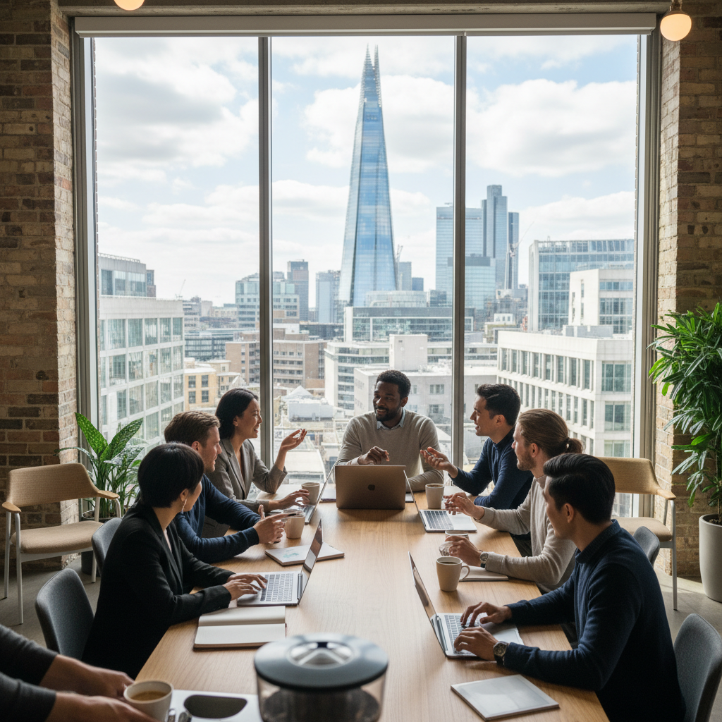 A diverse group of professional entrepreneurs in a bright, modern London co-working space with a view of the Shard in the background, discussing business plans over laptops and coffee.
