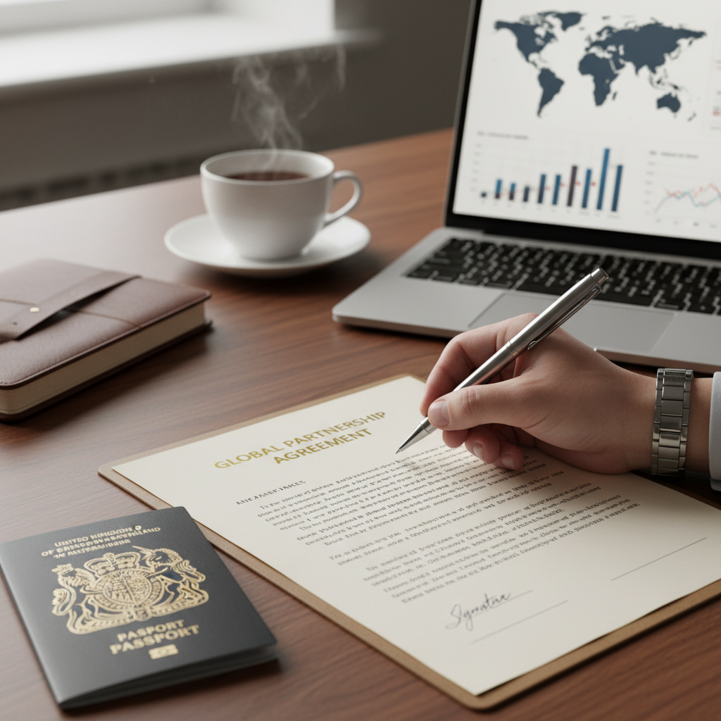 A high-quality close-up of a hand signing a business contract on a wooden desk, with a British passport and a laptop nearby, symbolizing the union of international talent and UK business.