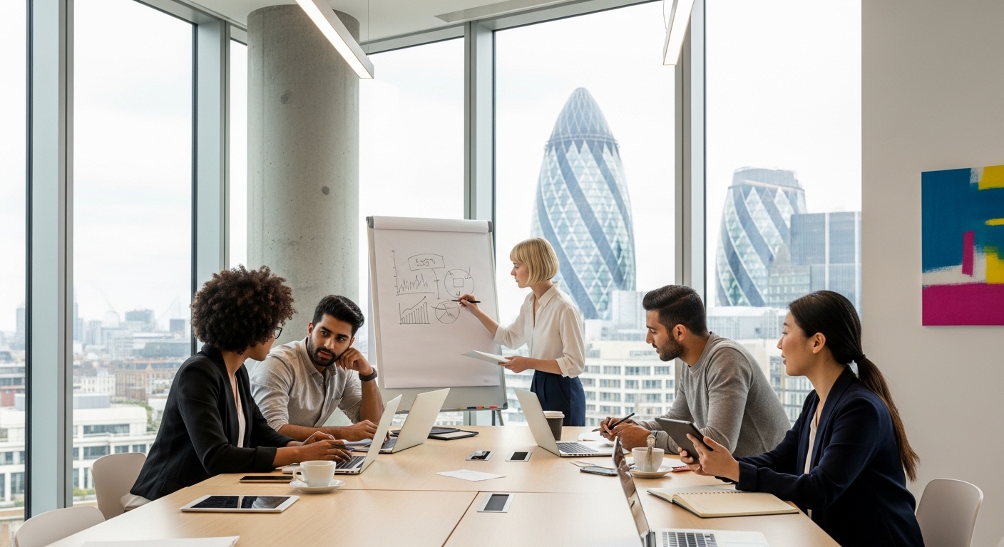 A diverse group of young entrepreneurs collaborating in a sleek, modern London co-working space with large windows showing the Gherkin building in the background.