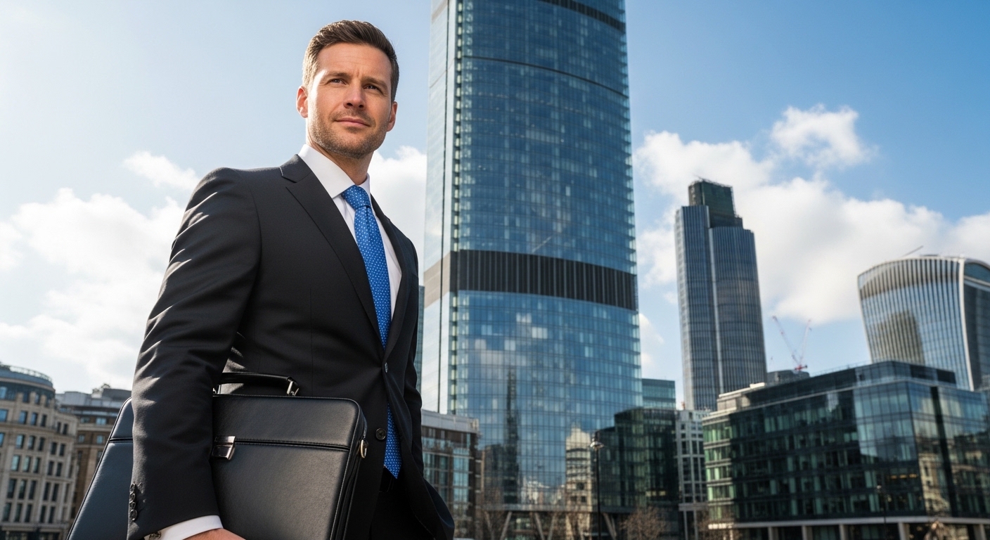A professional businessman in a tailored suit standing confidently in front of a modern glass skyscraper in London's financial district, holding a briefcase.